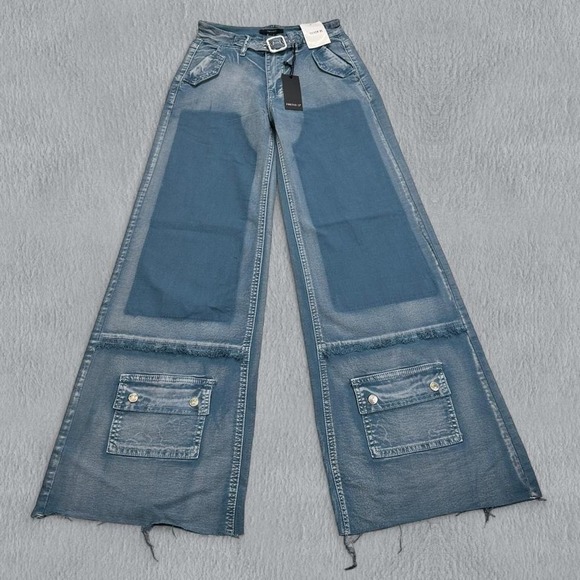 NWT Forever 21 Jeans Womens S Blue High Rise Acid Wash Belted Wide Leg Pockets - Picture 1 of 7